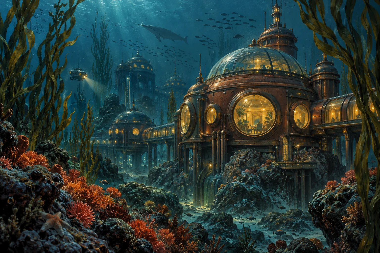 Ретрофутуристическая обсерватория с круглыми окнами на морском дне